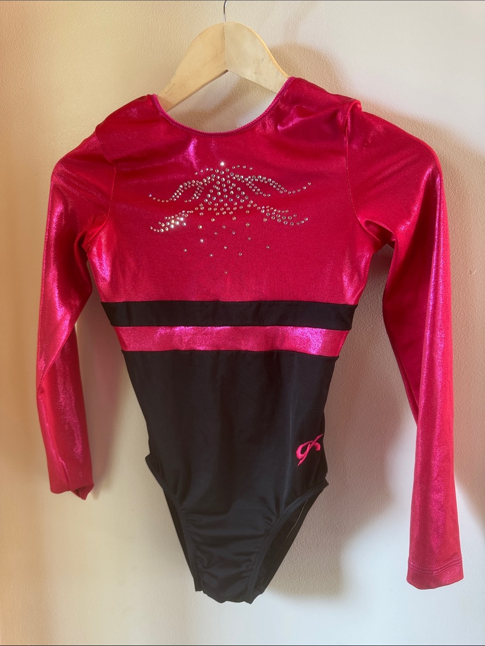 GK Girls Metallic Pink and Black Dance Leotard with Rhinestone Detail